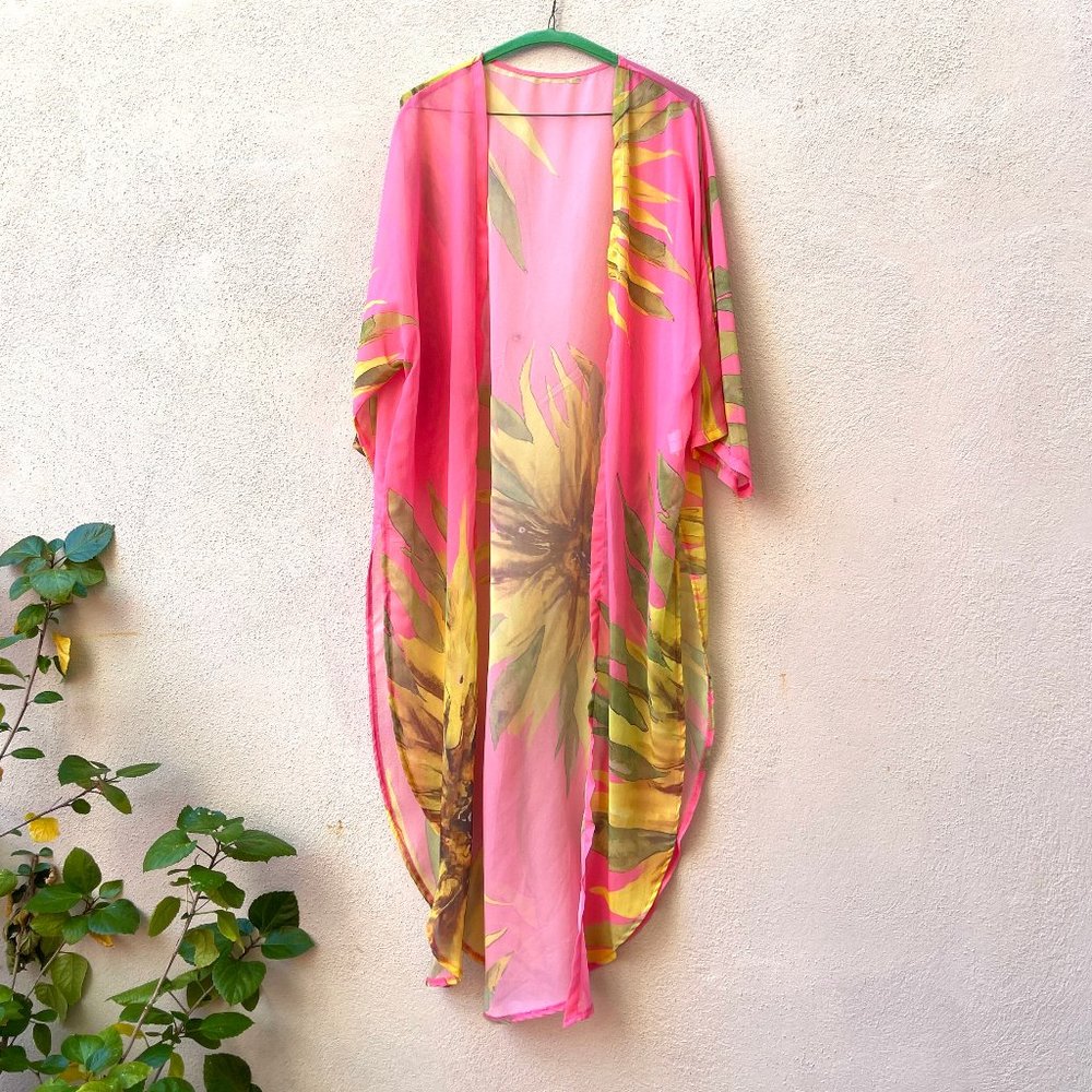 NWOT gorgeous floral caftan cover up tunic kimono Long Duster XL